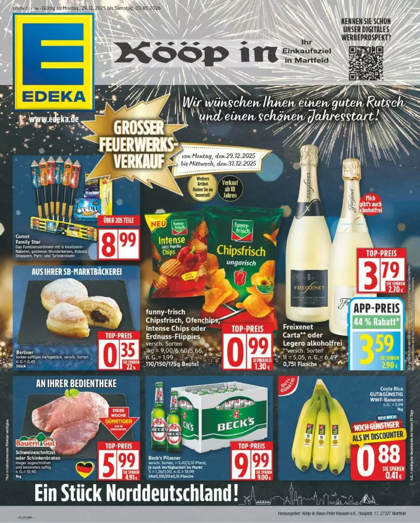 Aktueller Prospekt Edeka - Prospekte - von 29.12.2026 bis 03.01.2027 - strona 1 - produkty: auer, Bau, Bauer, braten, chips, chipsfrisch, eis, ente, erdnuss, flasche, flippies, kerze, nuss, Ofen, Raketen, reis, schinken, schinkenbraten, Ti, top-preis, ZTE