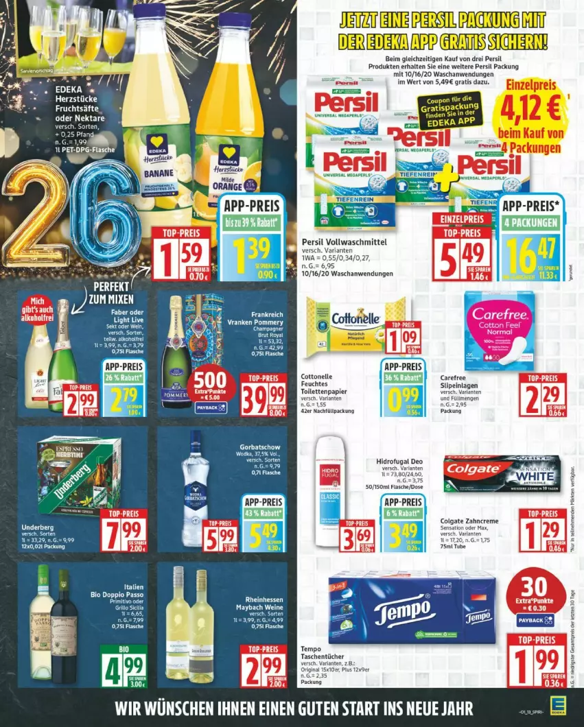 Aktueller Prospekt Edeka - Prospekte - von 29.12.2026 bis 03.01.2027 - strona 13 - produkty: arla, bio, carefree, colgate, cottonelle, creme, deit, deka, deo, doppio passo, eis, elle, feuchtes toilettenpapier, flasche, gin, LG, maybach, Nektar, papier, passo, persil, reis, Ria, slip, slipeinlagen, Tasche, taschen, taschentücher, Tempo, Ti, toilettenpapier, tücher, vollwaschmittel, waschmittel, wein, weine, zahncreme