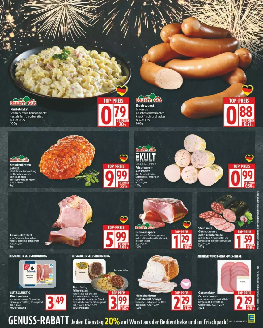 Aktueller Prospekt Edeka - Prospekte - von 29.12.2026 bis 03.01.2027 - strona 5 - produkty: auer, backofen, Bau, Bauer, bockwurst, braten, eis, elle, fleisch, hähnchenbrust, HP, kasseler, kotelett, küche, mac, Meister, nudel, nudelsalat, nuss, Ofen, pastete, reis, Ria, salat, schinken, schinkenbraten, schwein, schweine, schweinefleisch, snack, spargel, tee, Ti, top-preis, wein, weine, wurst