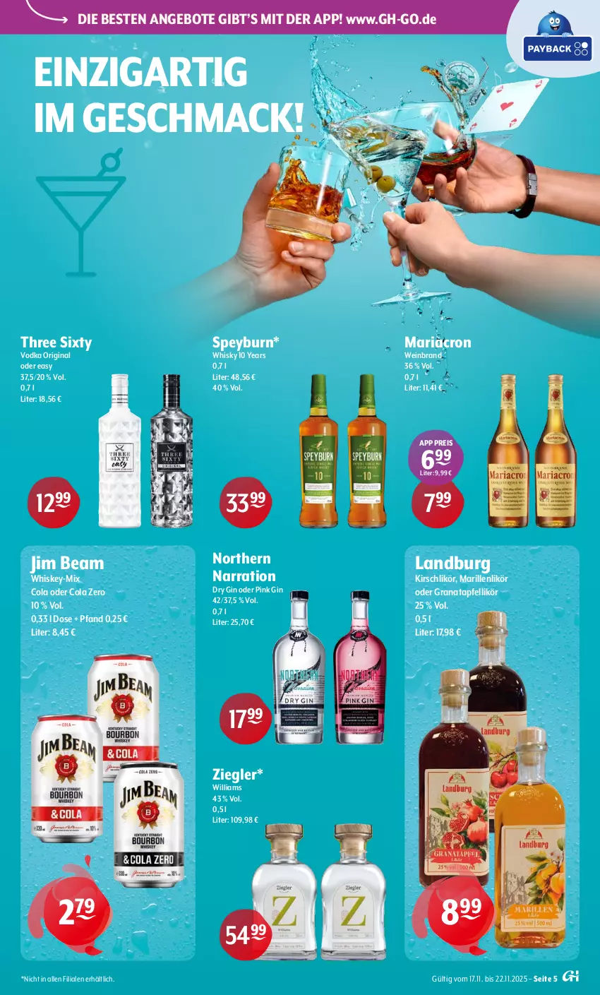 Aktueller Prospekt Getraenke Hoffmann - Prospekte - von 17.11 bis 22.11.2025 - strona 5 - produkty: angebot, angebote, apfel, cola, dry gin, eis, gin, grana, granatapfel, jim beam, kirsch, Kirschlikör, likör, mac, mariacron, Rana, reis, Ria, Three Sixty, Ti, vodka, wein, weinbrand, whiskey, whisky