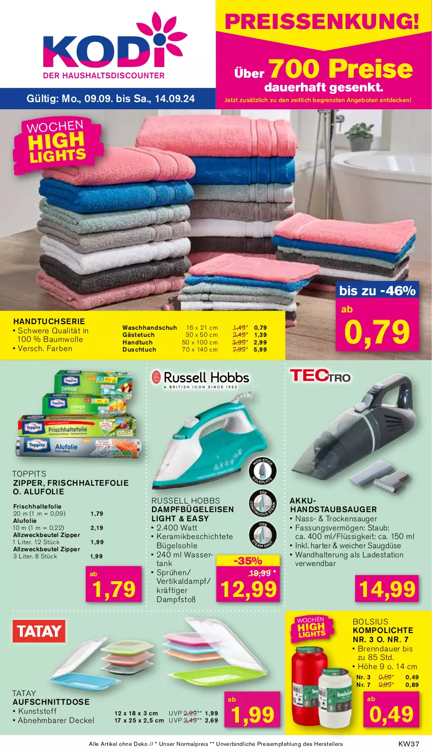 Aktueller Prospekt Kodi - Prospekte - von 09.09 bis 14.09.2024 - strona 1 - produkty: akku, Allzweckbeutel, angebot, angebote, auer, aufschnitt, Bau, baumwolle, beutel, bügel, Bügeleisen, dampfbügeleisen, decke, Deckel, duschtuch, eis, elle, frischhaltefolie, gästetuch, handstaubsauger, handtuch, Handtuchserie, reis, reiss, russell hobbs, rwe, staubsauger, teller, Ti, toppits, Trockensauger, tuc, wandhalterung, waschhandschuh, wasser, weck, wolle, zipper, ZTE