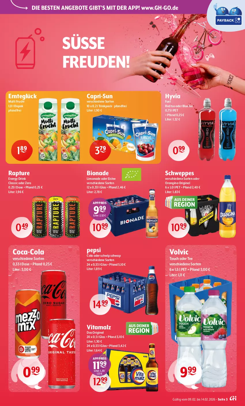 Aktueller Prospekt Getraenke Hoffmann - Prospekte - von 09.02 bis 14.02.2026 - strona 3 - produkty: angebot, angebote, bio, bionade, Cap, capri-sun, coca-cola, cola, drink, eis, eistee, energy drink, frucht, gin, limo, limonade, malz, orangina, pepsi, Pepsi Cola, reis, schweppes, Schwip Schwap, tee, Ti, vita, vitamalz, volvic