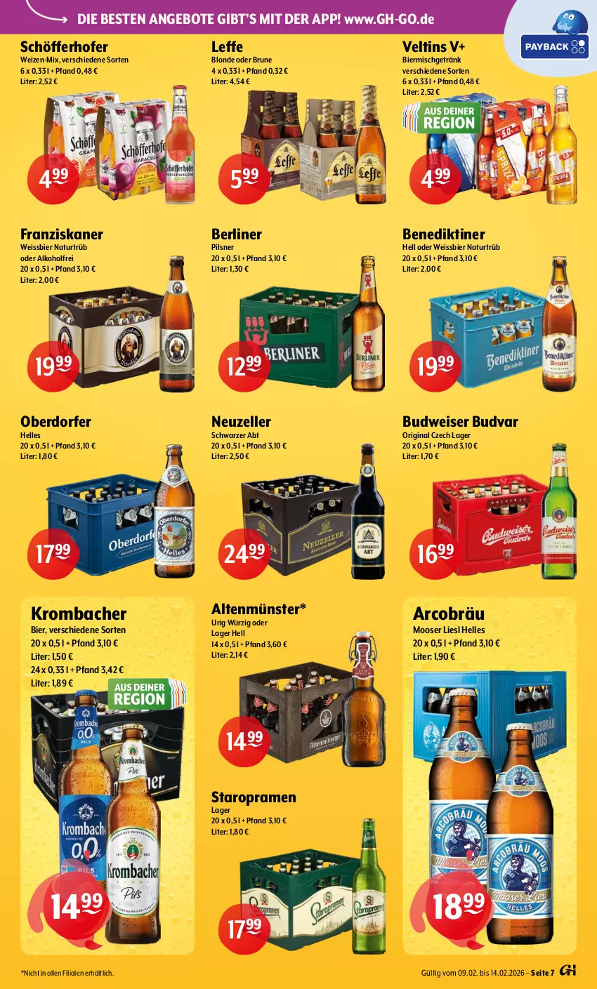 Aktueller Prospekt Getraenke Hoffmann - Prospekte - von 09.02 bis 14.02.2026 - strona 7 - produkty: alkohol, Altenmünster, angebot, angebote, Benediktiner, berliner, bier, budweiser, eis, elle, franziskaner, getränk, gin, krombache, krombacher, natur, pils, pilsner, schöfferhofer, Staropramen, Ti, veltins, weissbier
