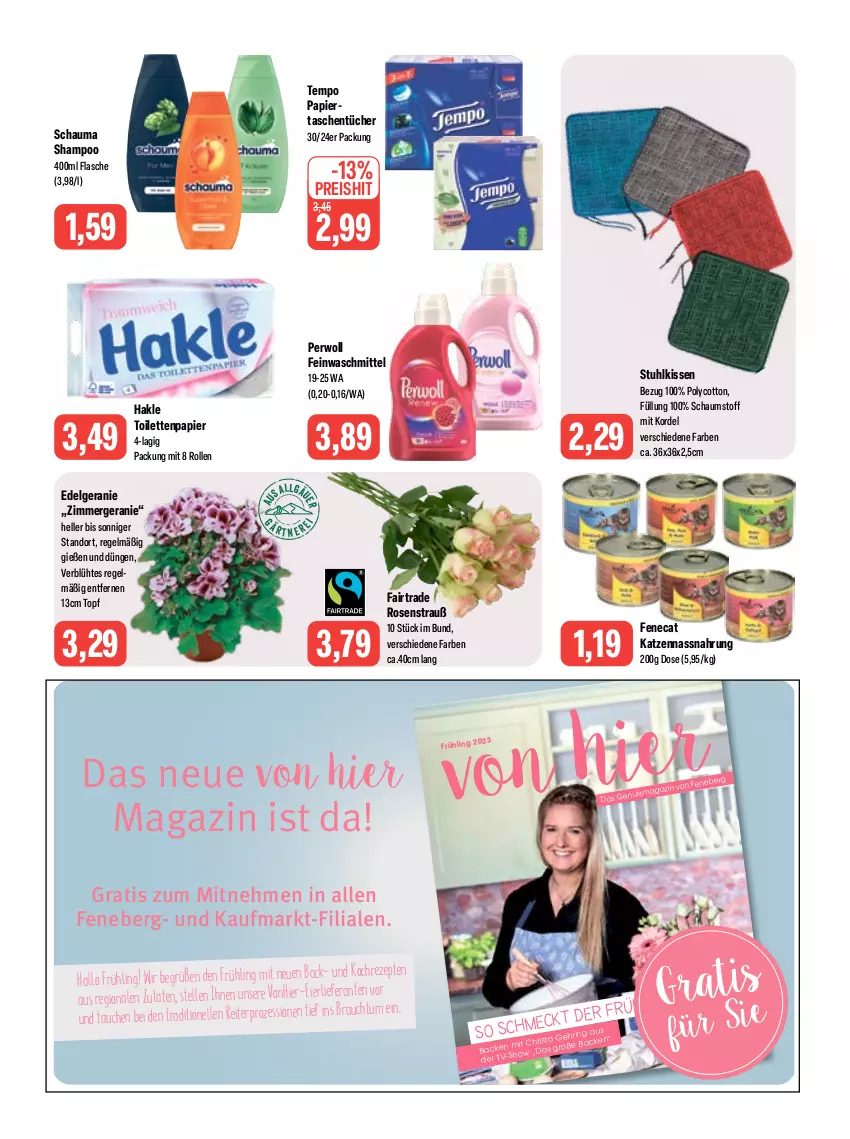 Aktueller Prospekt Feneberg - Prospekte - von 27.04 bis 29.04.2023 - strona 10 - produkty: eier, eis, elle, feinwaschmittel, flasche, geranie, hakle, hakle toilettenpapier, kissen, LG, magazin, Nassnahrung, papier, perwoll, reis, rezept, rezepte, ring, rosen, Rosenstrauß, schauma, schauma shampoo, shampoo, stuhl, stuhlkissen, Tasche, taschen, taschentücher, Tempo, Ti, toilettenpapier, topf, tücher, waschmittel