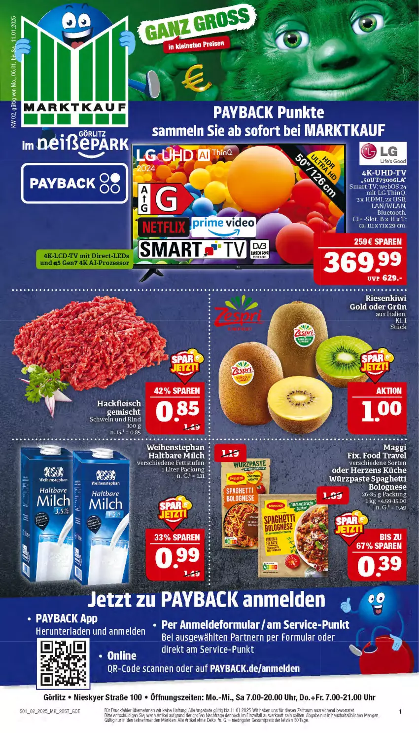 Aktueller Prospekt Marktkauf - Prospekt - von 05.01 bis 11.01.2025 - strona 1 - produkty: angebot, angebote, bolognese, eis, fleisch, hackfleisch, HDMI, Hefe, küche, LG, maggi, payback, reis, rind, schwein, schwein und rind, spaghetti, Ti, uhr, usb, weihenstephan, wein, ZTE