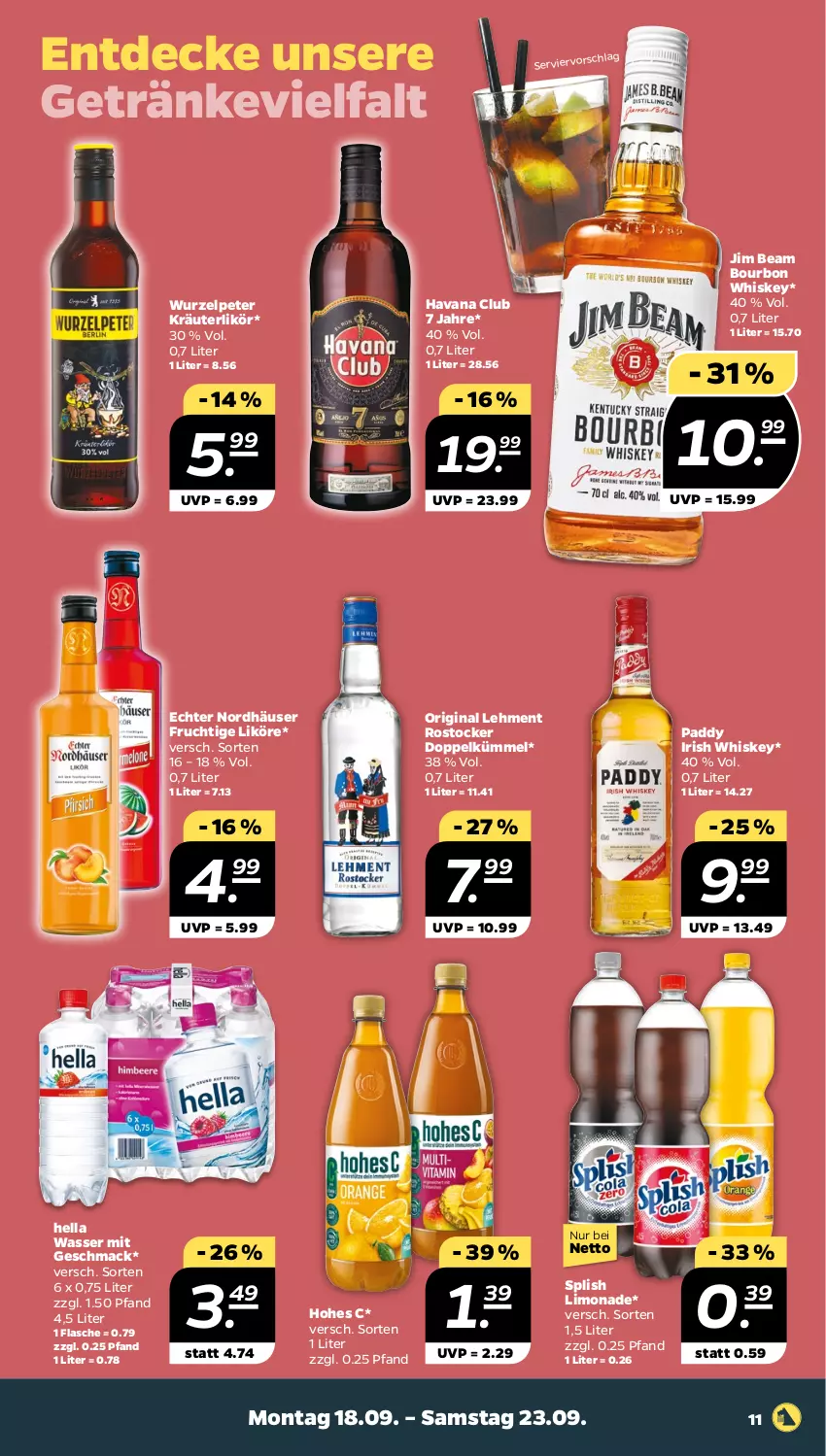 Aktueller Prospekt Netto - Woche 38 - von 18.09 bis 23.09.2023 - strona 11 - produkty: bourbon, bourbon whiskey, decke, flasche, frucht, getränk, getränke, gin, Havana Club, hella, Hohes C, irish whiskey, jim beam, kräuter, kräuterlikör, likör, limo, limonade, mac, Rostocker, Ti, wasser, whiskey