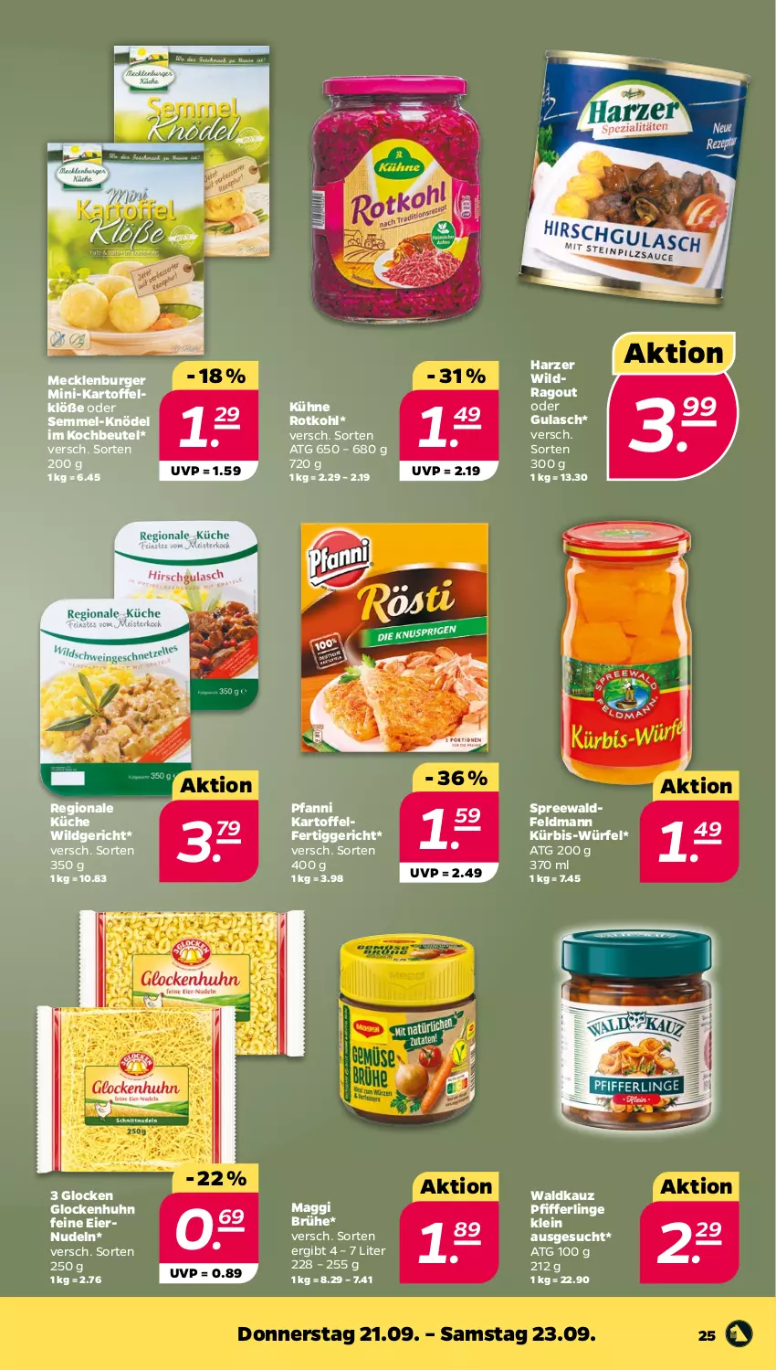 Aktueller Prospekt Netto - Woche 38 - von 18.09 bis 23.09.2023 - strona 25 - produkty: beutel, Brühe, burger, eier, eiernudeln, fertiggericht, gulasch, kartoffel, Kartoffelklöße, Knödel, kochbeutel, küche, Kühne, Kürbis, maggi, nudel, nudeln, pfanni, Pfifferlinge, Ragout, rotkohl, Semmel, Ti, Wild, Wildragout, würfel