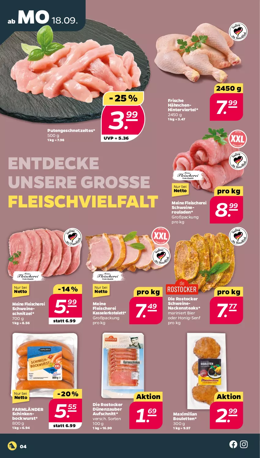 Aktueller Prospekt Netto - Woche 38 - von 18.09 bis 23.09.2023 - strona 4 - produkty: aufschnitt, bier, bockwurst, decke, eis, fleisch, Fleischerei, Frische Hähnchen, geschnetzeltes, honig, Honig-Senf, kasseler, kotelett, Nackensteak, nackensteaks, nero, pute, Putengeschnetzeltes, Rostocker, rouladen, Schere, schinken, schnitzel, schwein, schweine, schweinenacken, Schweineroulade, schweineschnitzel, senf, steak, steaks, Ti, wein, weine, wurst, Zelt