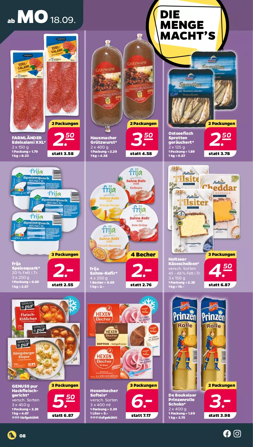 Aktueller Prospekt Netto - Woche 38 - von 18.09 bis 23.09.2023 - strona 8 - produkty: Becher, de beukelaer, Edelsalami, eis, fisch, fleisch, hackfleisch, Hausmacher, Holts, Käse, käsescheiben, Kefir, mac, nuss, prinzenrolle, quark, sahne, salami, schoko, speisequark, Sprotten, Ti, wurst