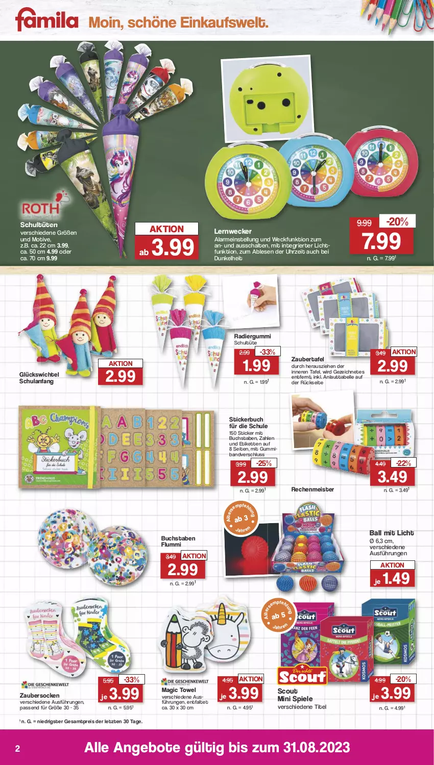 Aktueller Prospekt Famila - Prospekte - von 07.08 bis 12.08.2023 - strona 2 - produkty: angebot, angebote, ball, buch, eis, elle, Kette, Meister, Radiergummi, reis, Schal, Schultüten, scout, socken, Spiele, Stickerbuch, Ti, Tüte, uhr, weck, Wichtel, Zaubertafel, ZTE