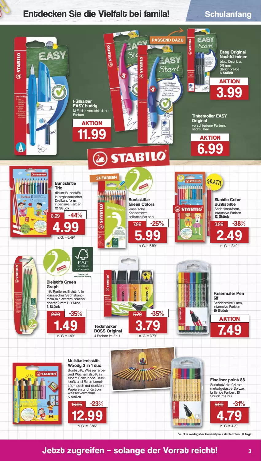 Aktueller Prospekt Famila - Prospekte - von 07.08 bis 12.08.2023 - strona 3 - produkty: Bleistift, boss, Brei, buntstifte, decke, eis, fasermaler, Fineliner, Füllhalter, gin, kraft, LG, papier, reifen, reis, Roller, stabilo, stifte, textmarker, Ti, wasser, ZTE