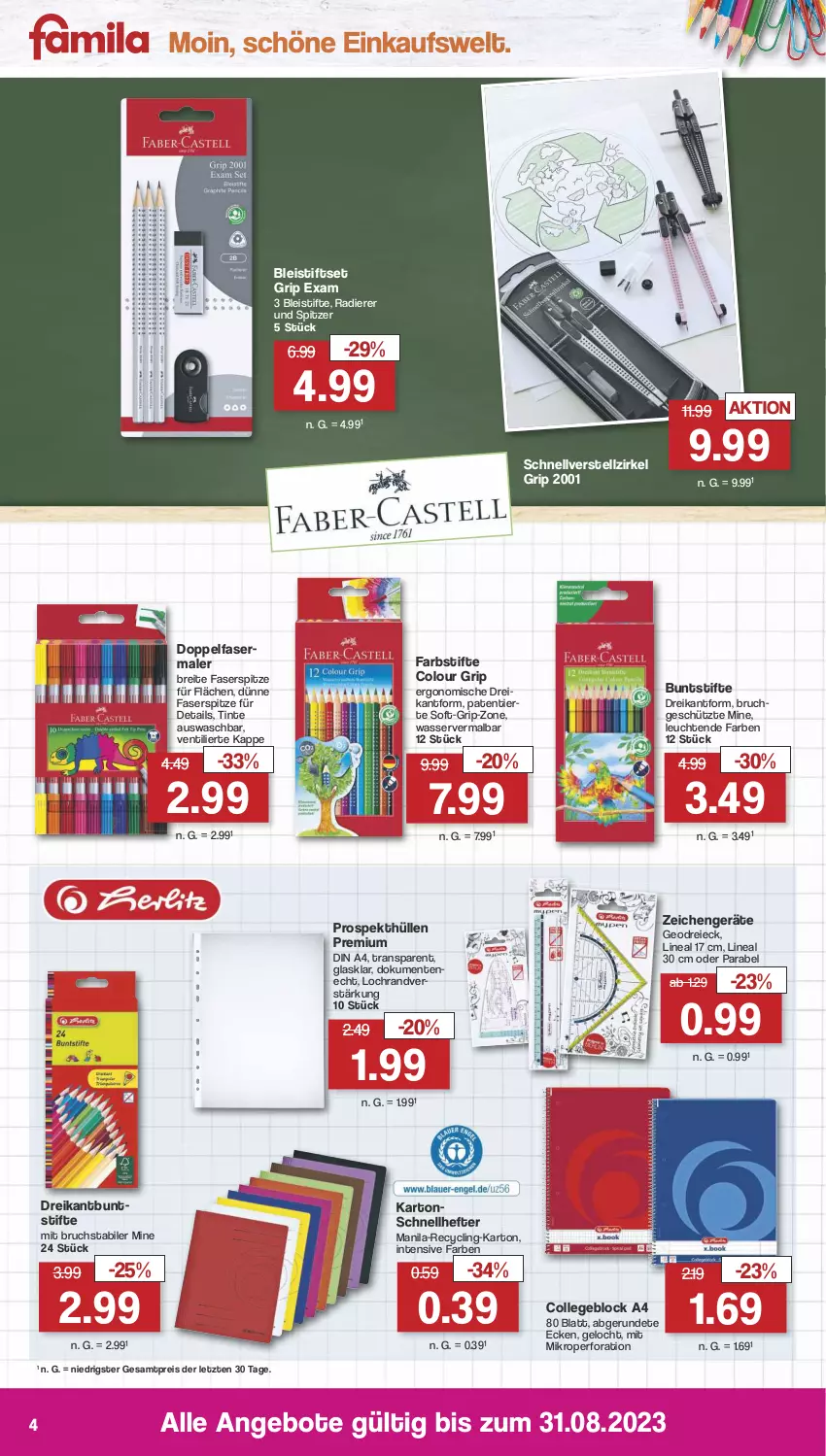 Aktueller Prospekt Famila - Prospekte - von 07.08 bis 12.08.2023 - strona 4 - produkty: angebot, angebote, Bleistift, bleistifte, Brei, buntstifte, Clin, collegeblock, din a4, eis, ente, farbstifte, fasermaler, Hefte, Leuchte, leuchten, prospekthüllen, reis, Schnellhefter, stifte, Ti, wasser, ZTE