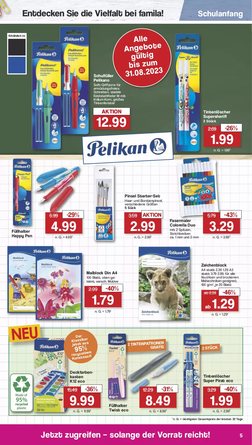 Aktueller Prospekt Famila - Prospekte - von 07.08 bis 12.08.2023 - strona 5 - produkty: angebot, angebote, Brei, decke, din a4, edelstahl, eis, fasermaler, fenster, Füllhalter, korn, Malblock, Nike, pelikan, Pinsel, reifen, reis, rel, Ti, Tintenlöscher, zeichenblock, ZTE