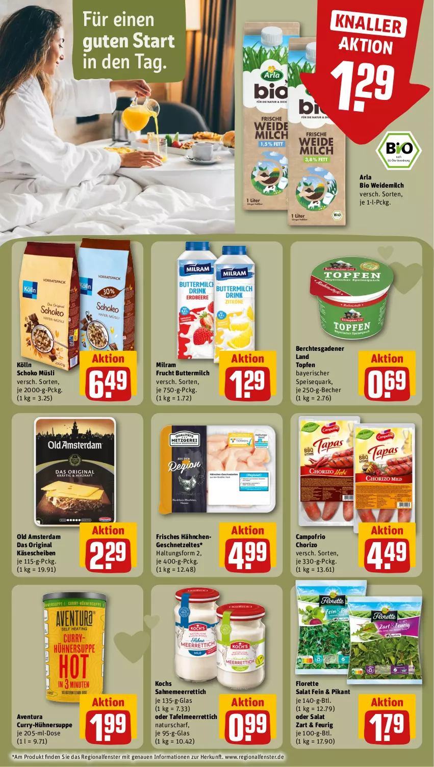 Aktueller Prospekt Rewe - Prospekte - von 04.03 bis 09.03.2024 - strona 10 - produkty: arla, Becher, bio, butter, buttermilch, campofrio, chorizo, curry, eis, fenster, florette, frucht, geschnetzeltes, gin, Hähnchengeschnetzeltes, hühner, Hühnersuppe, Käse, käsescheiben, kölln, meerrettich, milch, milram, müsli, natur, Old Amsterdam, quark, Rettich, sahne, salat, schoko, speisequark, suppe, Ti, topf, Topfen, weidemilch, Zelt