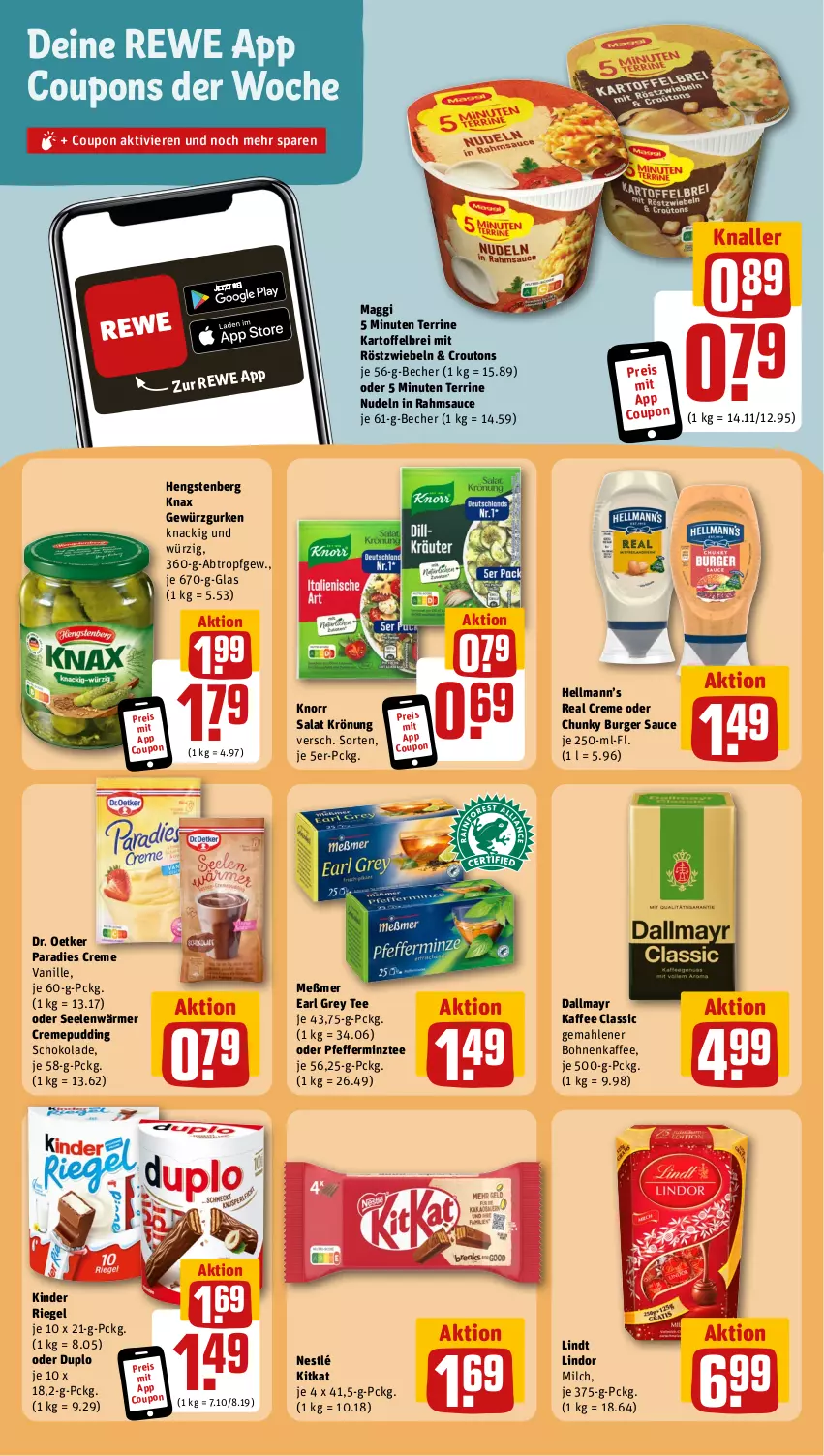 Aktueller Prospekt Rewe - Prospekte - von 04.03 bis 09.03.2024 - strona 14 - produkty: Becher, bohne, bohnen, bohnenkaffee, Brei, burger, Burger Sauce, coupon, coupons, creme, croutons, dallmayr, Dr. Oetker, duplo, eis, gemahlener bohnenkaffee, gewürz, Gewürzgurke, gewürzgurken, gurke, gurken, hengstenberg, kaffee, kartoffel, kartoffelbrei, Kinder, kinder riegel, kitkat, knorr, lindor, lindt, maggi, Meßmer, milch, mit röstzwiebeln, nestlé, nudel, nudeln, Paradies Creme, pfeffer, pudding, reis, riegel, röstzwiebeln, salat, sauce, schoko, schokolade, tee, terrine, Ti, vanille, ZTE, zwiebel, zwiebeln