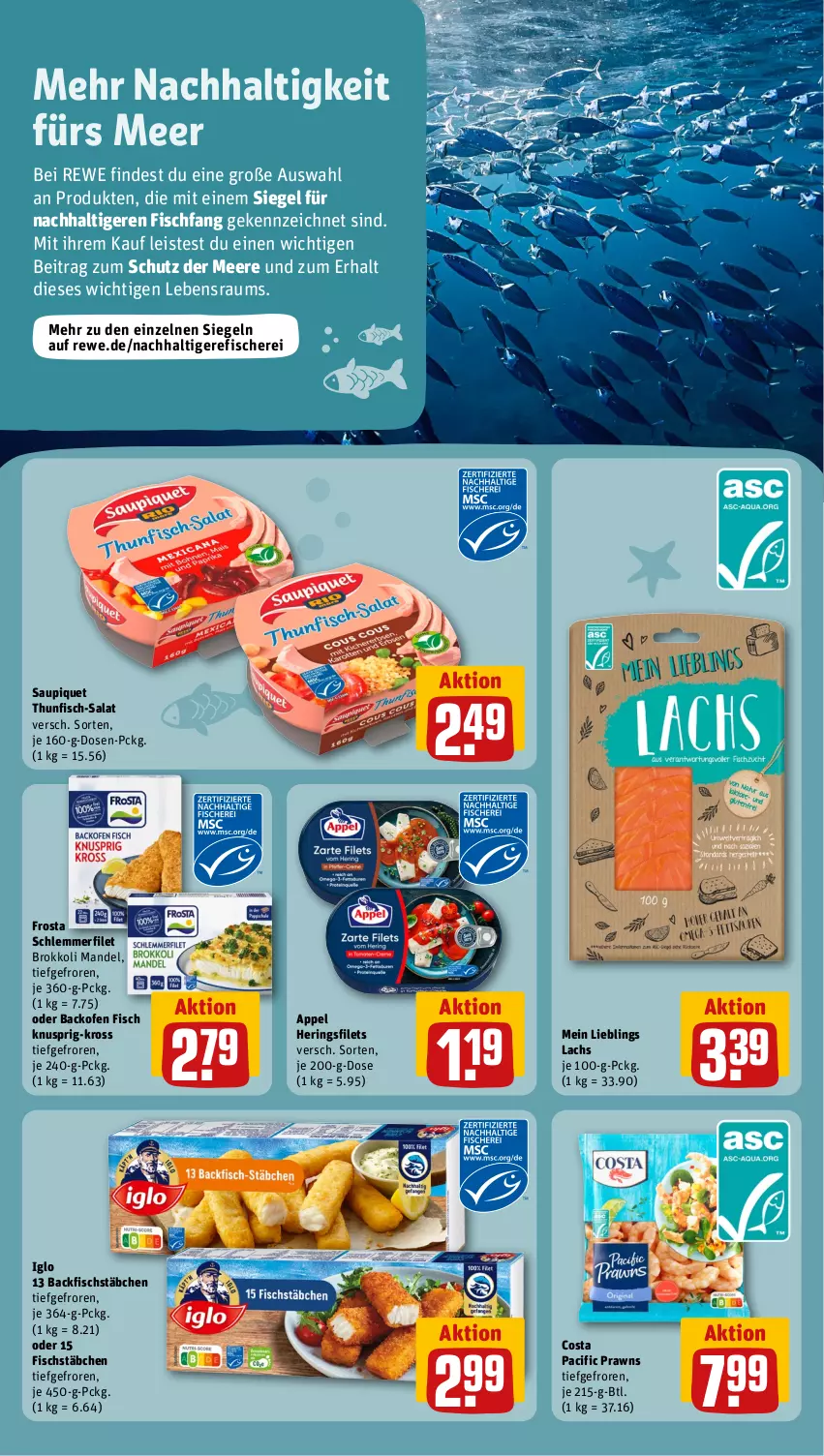 Aktueller Prospekt Rewe - Prospekte - von 04.03 bis 09.03.2024 - strona 16 - produkty: backfisch, backofen, backofen fisch, brokkoli, Cif, eis, filet, filets, fisch, fische, Fischer, fischstäbchen, frosta, hering, Herings, heringsfilets, iglo, lachs, mandel, Ofen, prawns, ring, salat, saupiquet, Schere, schlemmerfilet, thunfisch, Ti