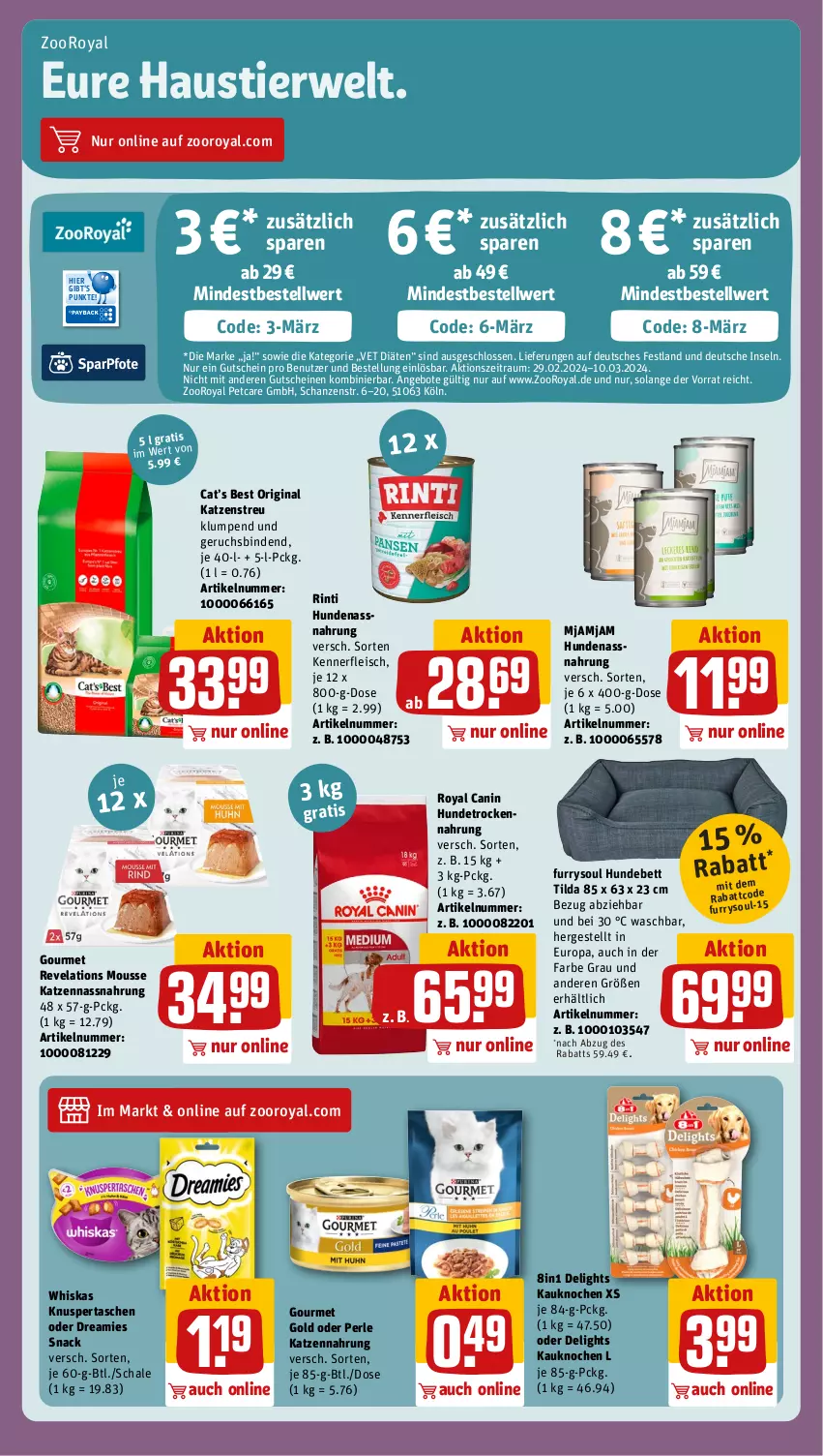 Aktueller Prospekt Rewe - Prospekte - von 04.03 bis 09.03.2024 - strona 19 - produkty: angebot, angebote, aust, bett, binden, dreamies, eis, fleisch, gin, gourmet gold, gutschein, gutscheine, Hundebett, Hundetrockennahrung, katzennahrung, Katzenstreu, mousse, Nassnahrung, nerf, rinti, rwe, Schal, Schale, snack, Stier, Tasche, taschen, Ti, Trockennahrung, whiskas