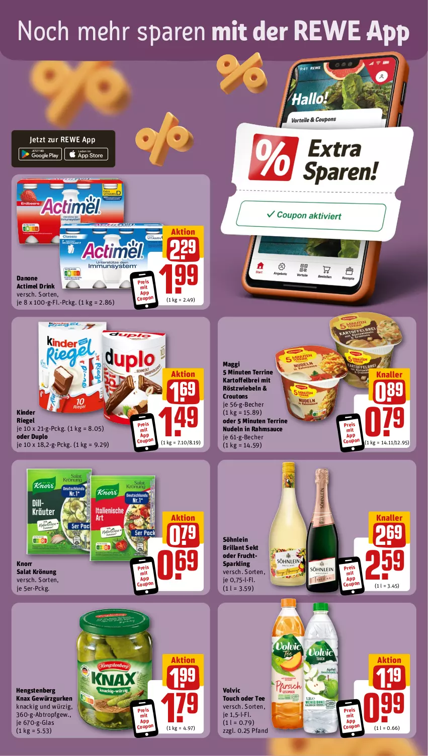 Aktueller Prospekt Rewe - Prospekte - von 04.03 bis 09.03.2024 - strona 3 - produkty: actimel, actimel drink, Becher, Brei, brillant sekt, coupon, croutons, danone, danone actimel drink, drink, duplo, eis, frucht, gewürz, Gewürzgurke, gewürzgurken, gurke, gurken, hengstenberg, kartoffel, kartoffelbrei, Kinder, kinder riegel, knorr, maggi, mit röstzwiebeln, nudel, nudeln, reis, riegel, röstzwiebeln, salat, sauce, sekt, söhnlein, söhnlein brillant, tee, terrine, Ti, volvic, zwiebel, zwiebeln