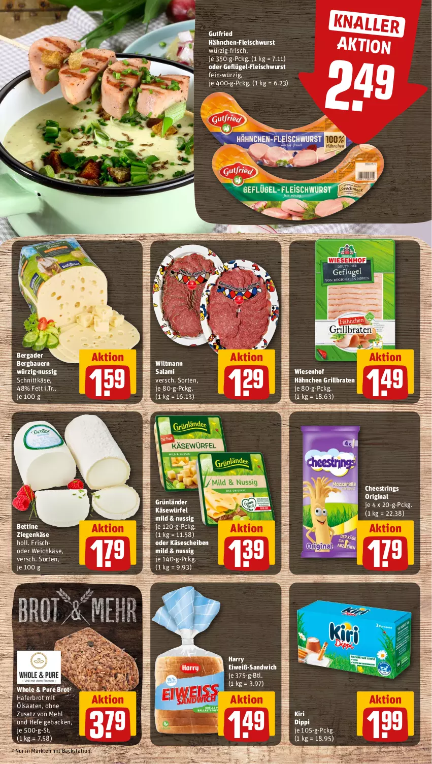 Aktueller Prospekt Rewe - Prospekte - von 04.03 bis 09.03.2024 - strona 7 - produkty: auer, Bau, Bauer, bergader, bett, braten, brot, dip, eis, fleisch, fleischwurst, geback, Geflügel, Geflügel-Fleischwurst, gin, grill, grünländer, gutfried, hafer, Hefe, Käse, käsescheiben, kiri, mehl, nuss, ring, salami, sandwich, schnittkäse, String, Ti, weichkäse, wiesenhof, wiltmann, würfel, wurst, ziegenkäse