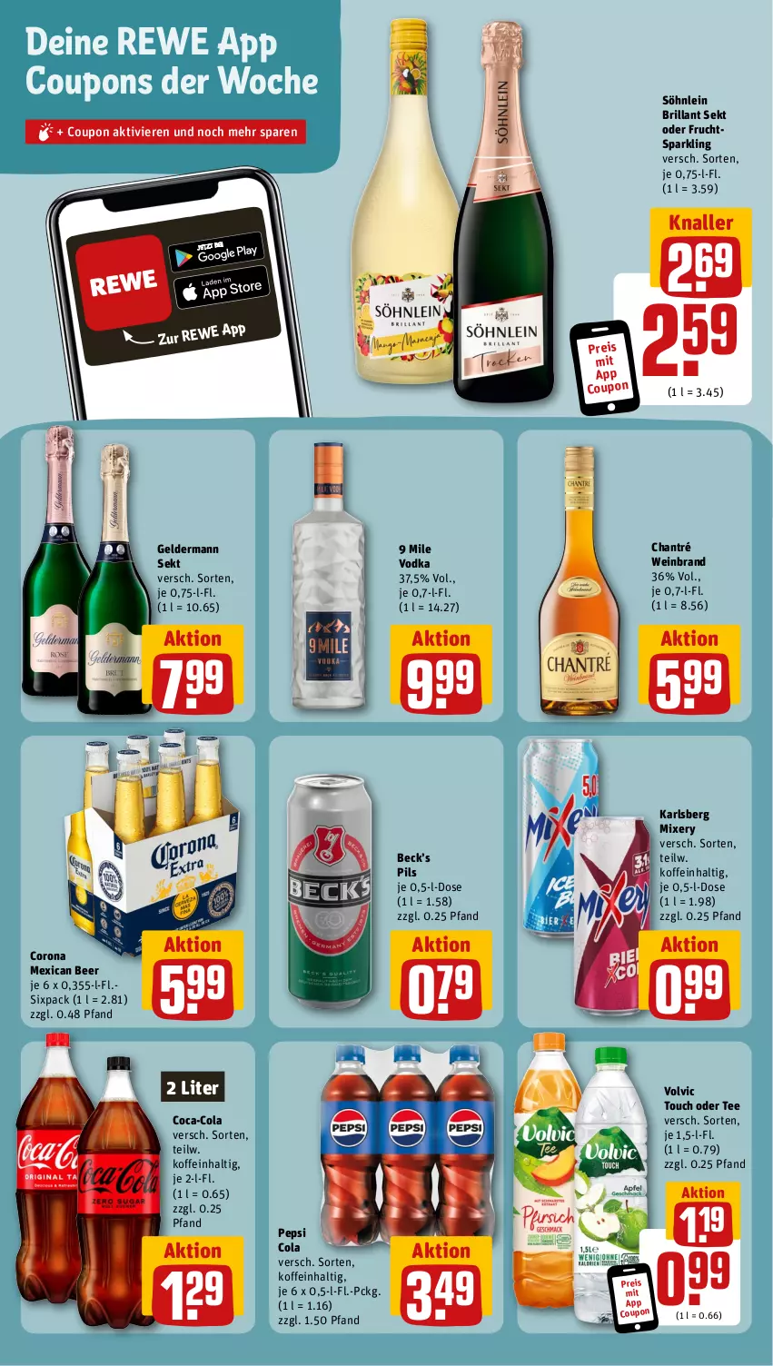 Aktueller Prospekt Rewe - Prospekte - von 04.03 bis 09.03.2024 - strona 9 - produkty: brillant sekt, chantré, coca-cola, cola, corona, coupon, coupons, eis, frucht, geldermann, karlsberg, karlsberg mixery, Mixer, mixery, pepsi, Pepsi Cola, pils, reis, sekt, söhnlein, söhnlein brillant, tee, Ti, vodka, volvic, wein, weinbrand