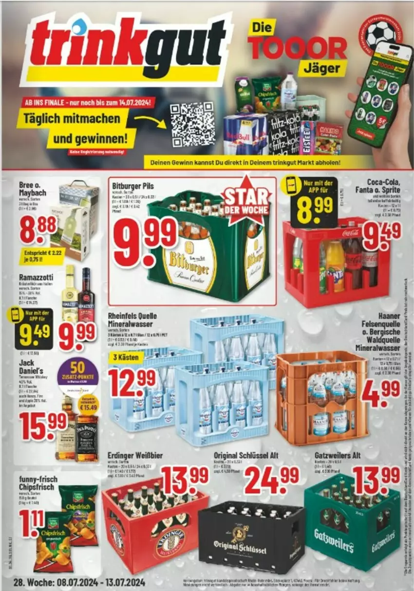 Aktueller Prospekt Trinkgut - Prospekte - von 08.07 bis 13.07.2024 - strona 1 - produkty: Alwa, bier, bree, chips, chipsfrisch, coca-cola, cola, elle, erdinger, fanta, funny-frisch, gin, mac, mineralwasser, rama, ramazzott, ramazzotti, rheinfels quelle, sprite, Ti, torte, wasser, zott