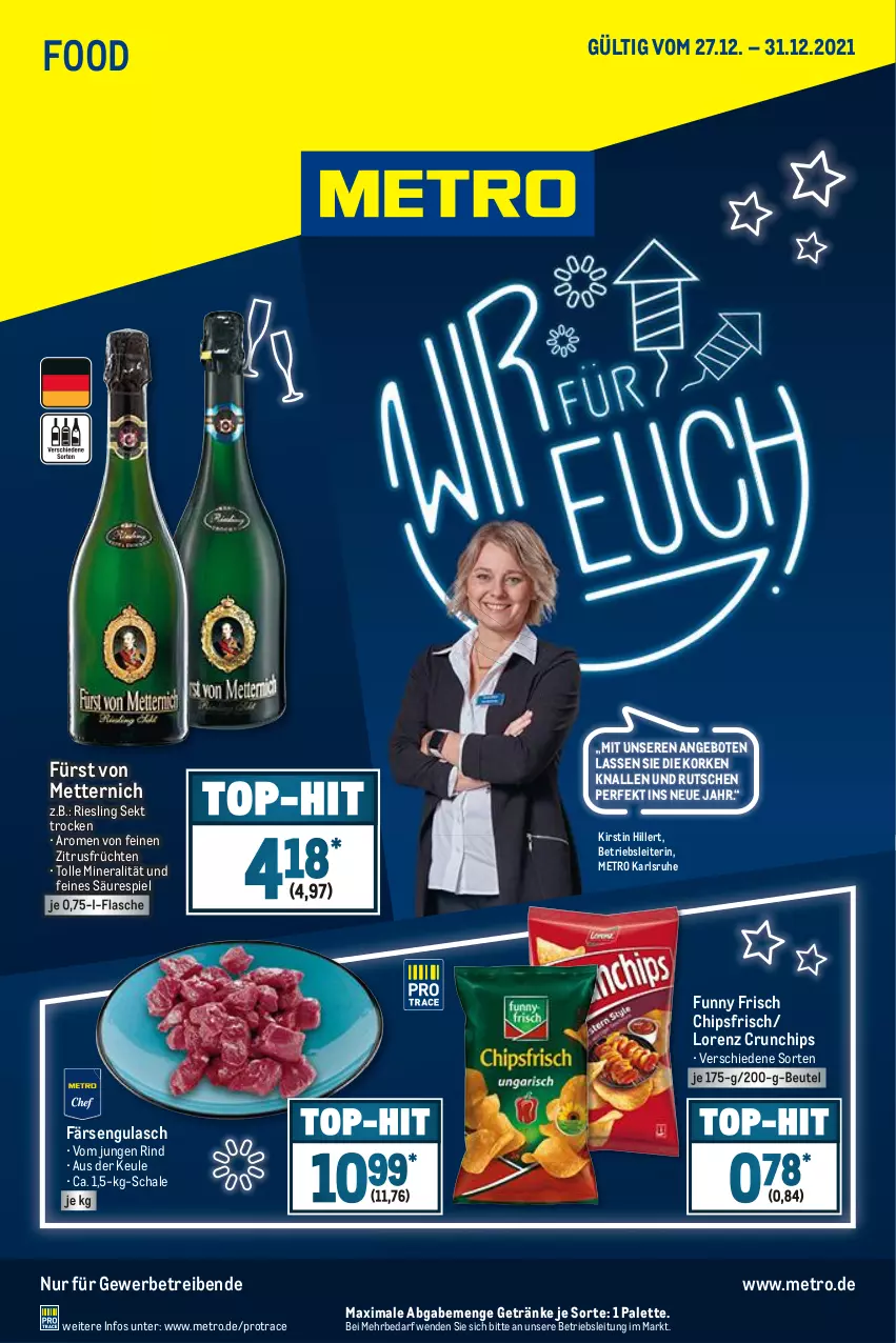 Aktueller Prospekt Metro - Food - von 27.12 bis 31.12.2021 - strona 1 - produkty: angebot, angebote, beutel, chips, chipsfrisch, crunchips, flasche, früchte, früchten, Funny Frisch, fürst von metternich, getränk, getränke, gulasch, lorenz, lorenz crunchips, Metro, Mett, metternich, Palette, riesling, rind, Schal, Schale, sekt, Ti