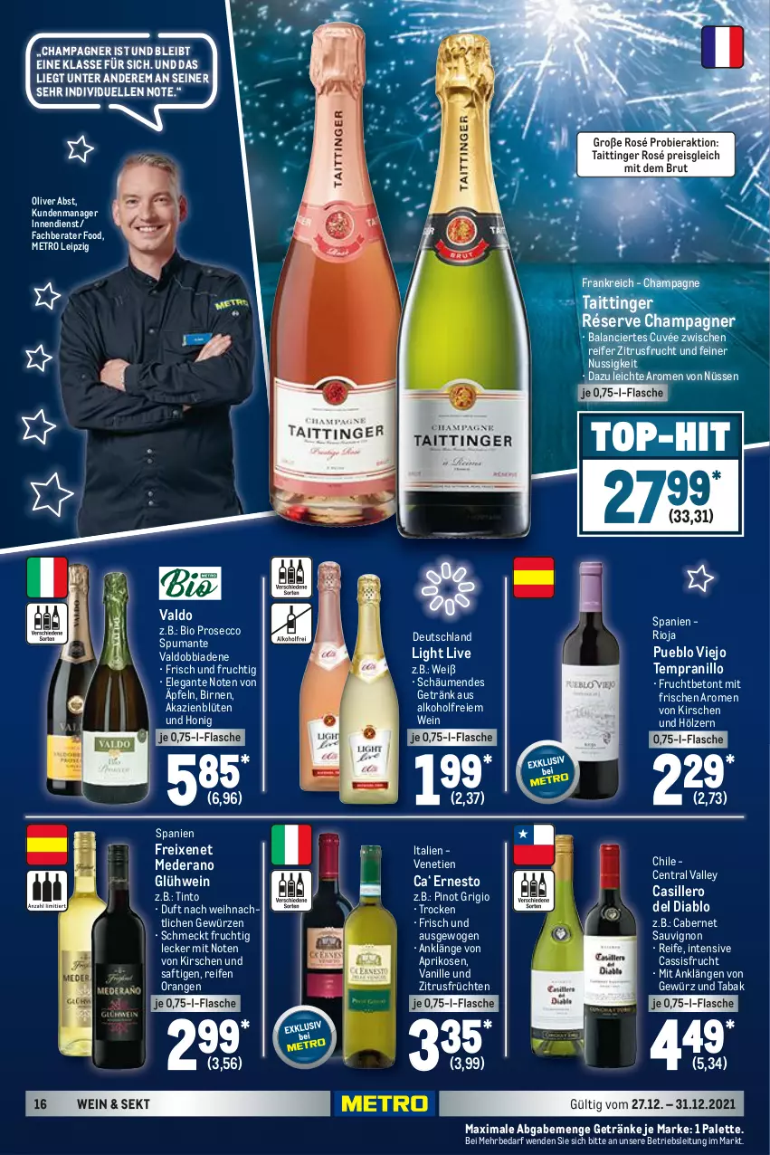 Aktueller Prospekt Metro - Food - von 27.12 bis 31.12.2021 - strona 18 - produkty: alkohol, aprikose, aprikosen, bier, bio, Birnen, Blüte, brut, cabernet, cabernet sauvignon, cassis, champagne, champagner, cuvée, ecco, eis, elle, ernesto, flasche, freixenet, frucht, früchte, früchten, getränk, getränke, gewürz, Glühwein, honig, kirsch, kirsche, kirschen, Metro, nuss, olive, orange, orangen, Palette, Pinot, pinot grigio, prosecco, puma, reifen, reis, rioja, saft, sauvignon, sekt, spumante, tempranillo, Ti, valdo, vanille, wein