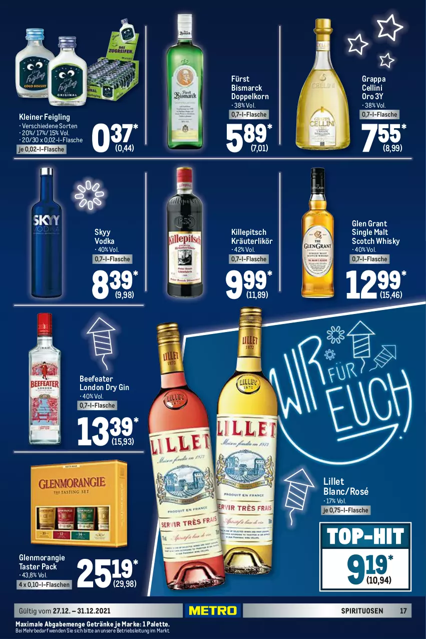 Aktueller Prospekt Metro - Food - von 27.12 bis 31.12.2021 - strona 19 - produkty: beef, Beefeater, bismarck, doppelkorn, dry gin, flasche, getränk, getränke, gin, Glen Grant, grappa, kleiner feigling, korn, kräuter, kräuterlikör, leine, likör, lillet, london dry, london dry gin, Palette, scotch, scotch whisky, single malt, skyy, Skyy Vodka, spirituosen, Ti, vodka, whisky