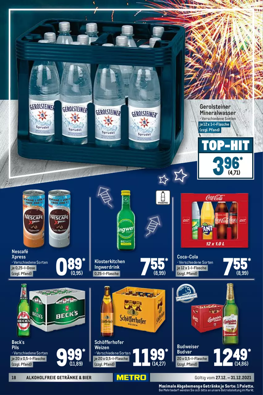 Aktueller Prospekt Metro - Food - von 27.12 bis 31.12.2021 - strona 20 - produkty: alkohol, alkoholfreie getränke, Alwa, bier, budweiser, coca-cola, cola, drink, eis, flasche, gerolsteine, gerolsteiner, getränk, getränke, ingwer, mineralwasser, Nescafé, Palette, pils, schöfferhofer, steiner, Ti, wasser