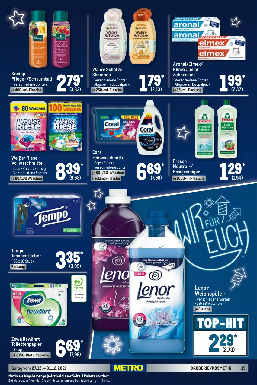 Aktueller Prospekt Metro - Food - von 27.12 bis 31.12.2021 - strona 21 - produkty: Bad, Cap, Coral, creme, elmex, essig, feinwaschmittel, flasche, Frosch, kneipp, kosmetik, lenor, lenor weichspüler, Palette, papier, reiniger, schaumbad, shampoo, Tasche, taschen, taschentücher, Tempo, Ti, toilettenpapier, tücher, vollwaschmittel, Wahre Schätze, waschmittel, weichspüler, zahncreme, zewa