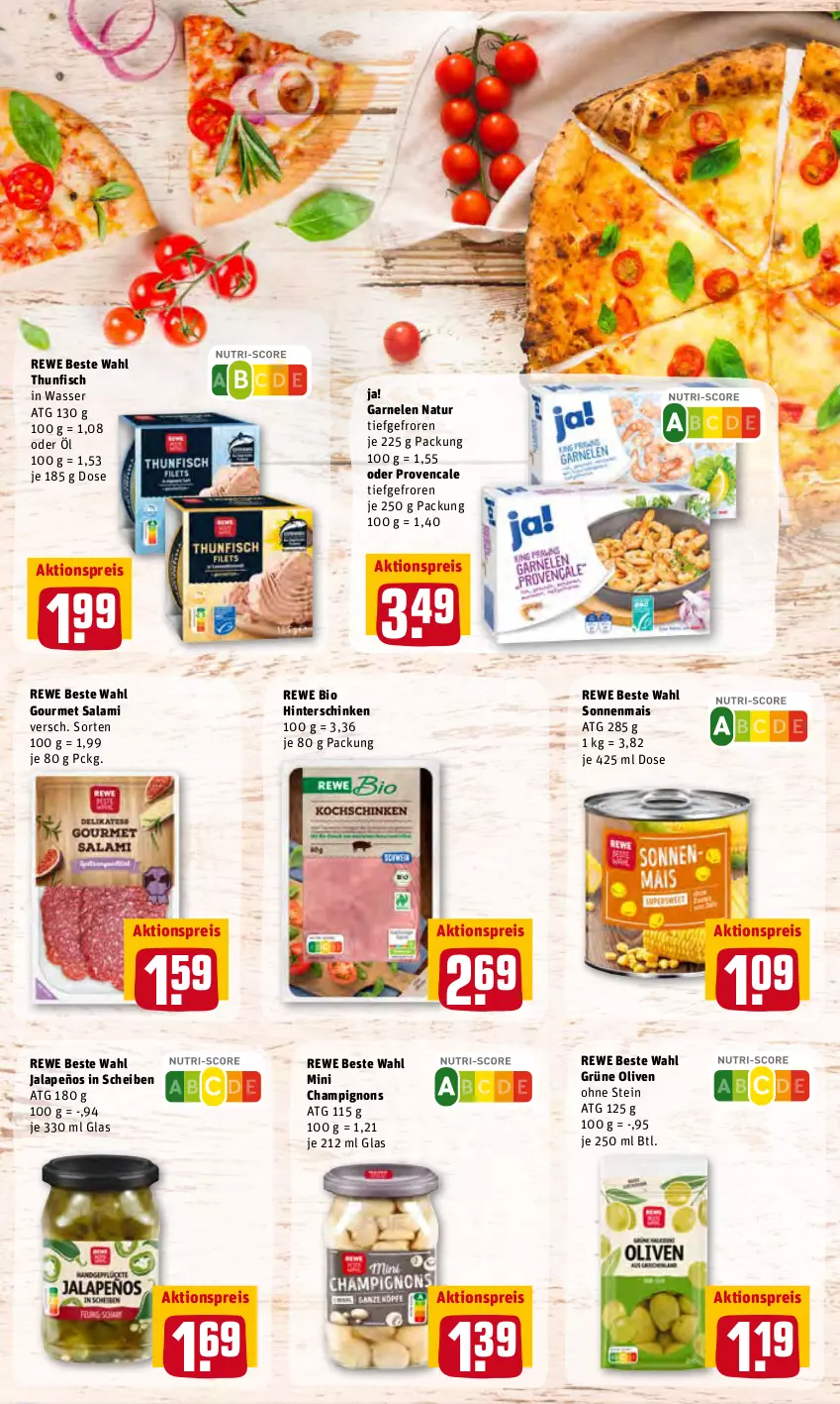 Aktueller Prospekt Rewe - Prospekte - von 07.03 bis 13.03.2022 - strona 25 - produkty: aktionspreis, bio, champignon, champignons, eis, fisch, garnelen, grüne oliven, hinterschinken, jalapeño, mais, natur, olive, oliven, reis, rewe beste wahl, rewe bio, salami, schinken, thunfisch, Ti, wasser