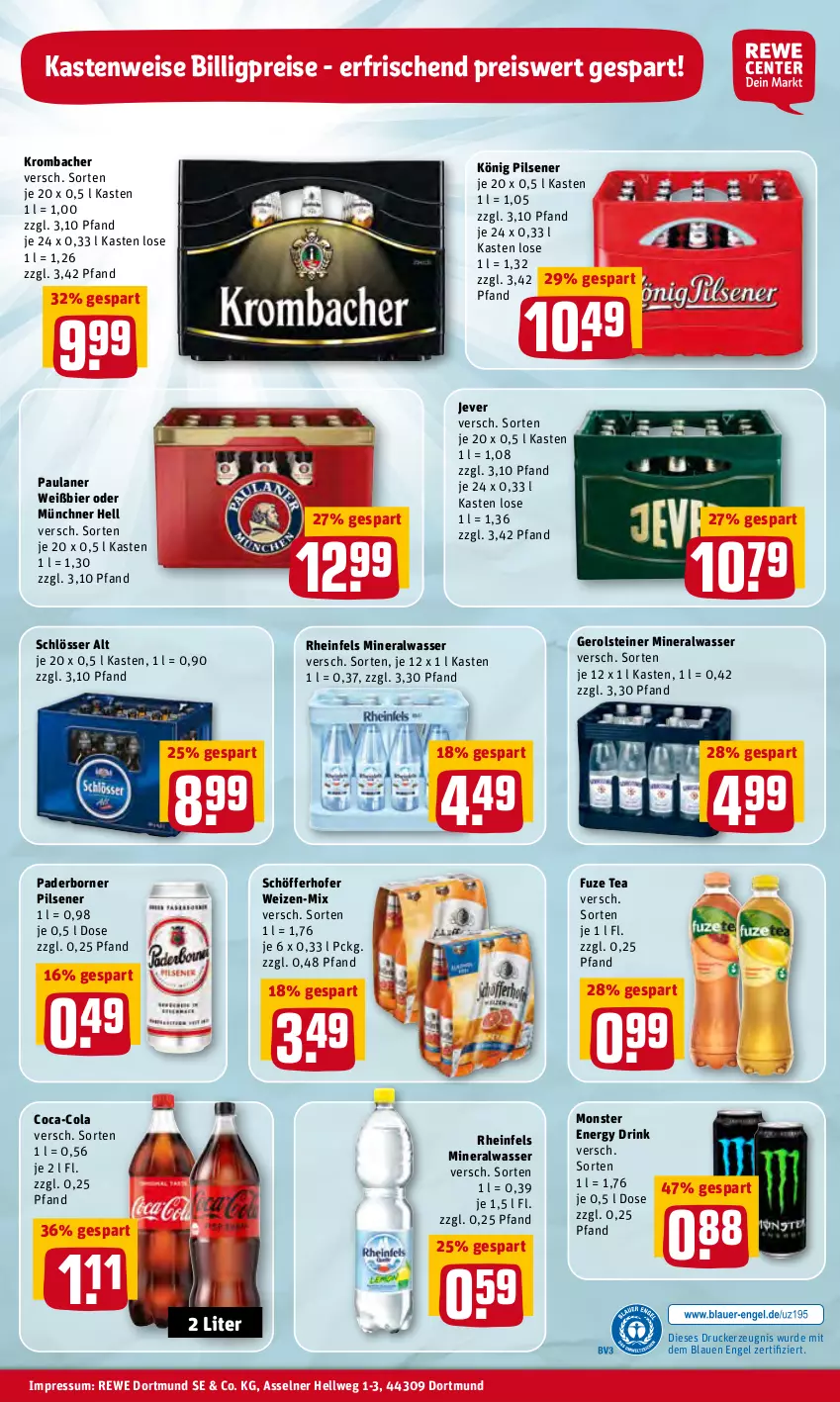 Aktueller Prospekt Rewe - Prospekte - von 07.03 bis 13.03.2022 - strona 32 - produkty: Alwa, bier, coca-cola, cola, drink, drucker, eis, energy drink, Engel, fuze tea, gerolsteine, gerolsteiner, jever, kerze, könig pilsener, krombache, krombacher, mineralwasser, monster, Monster Energy, Paula, paulaner, pils, pilsener, reis, schöfferhofer, steiner, Ti, wasser