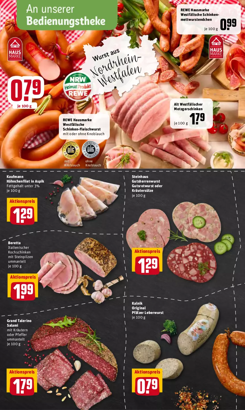 Aktueller Prospekt Rewe - Prospekte - von 07.03 bis 13.03.2022 - strona 6 - produkty: aktionspreis, eis, filet, fleisch, fleischwurst, gin, hausmarke, knoblauch, kochschinken, kräuter, kräutern, leberwurst, Mantel, Mett, mettwurst, mit knoblauch, mit oder ohne knoblauch, oder kräuter, pfeffer, pilze, reis, rewe hausmarke, Rotwurst, salami, schinken, steinhaus, Steinpilze, Ti, wurst