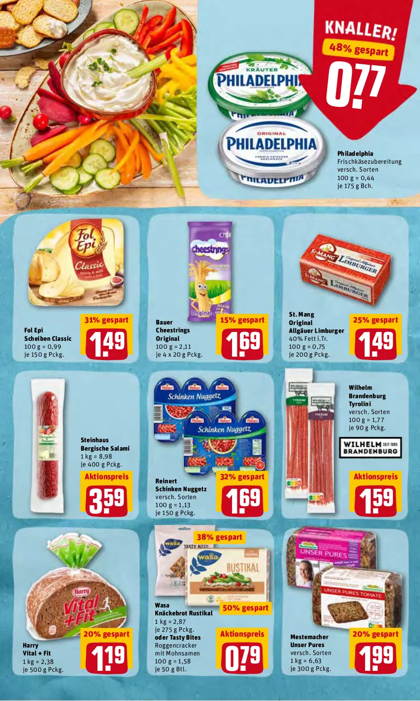 Aktueller Prospekt Rewe - Prospekte - von 07.03 bis 13.03.2022 - strona 8 - produkty: aktionspreis, auer, Bau, Bauer, bites, brot, burger, cracker, eis, fol epi, frischkäse, frischkäsezubereitung, gin, Käse, knäckebrot, LG, Limburger, mac, mestemacher, philadelphia, reinert, reis, ring, salami, schinken, St. Mang, steinhaus, String, Ti, vita, wasa