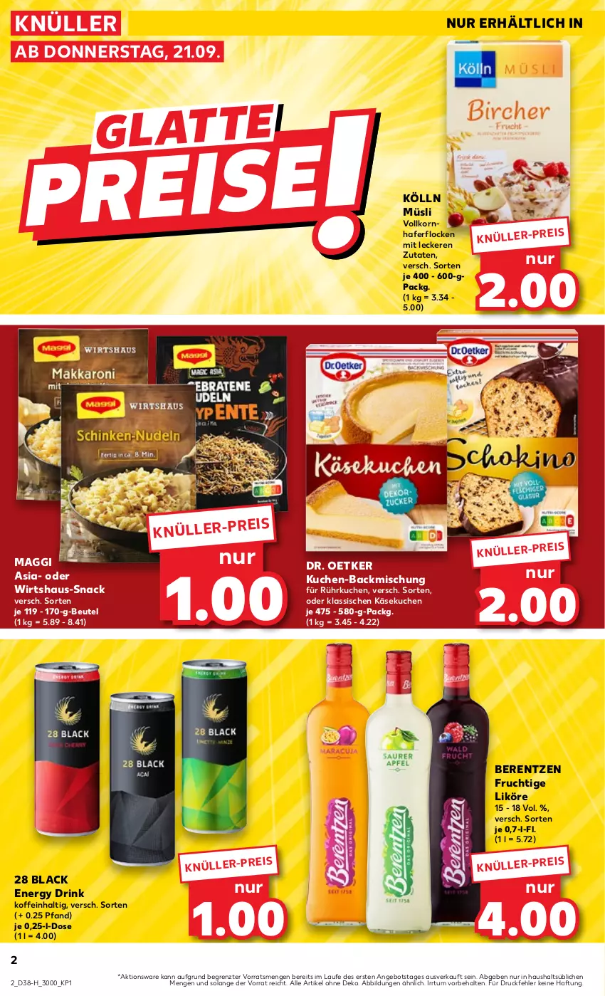 Aktueller Prospekt Kaufland - Extra-Angebote - von 21.09 bis 27.09.2023 - strona 2 - produkty: angebot, backmischung, berentzen, beutel, Dr. Oetker, drink, eis, energy drink, frucht, hafer, haferflocken, Käse, käsekuchen, kölln, korn, kuchen, lack, latte, likör, maggi, müsli, snack, Ti, ZTE