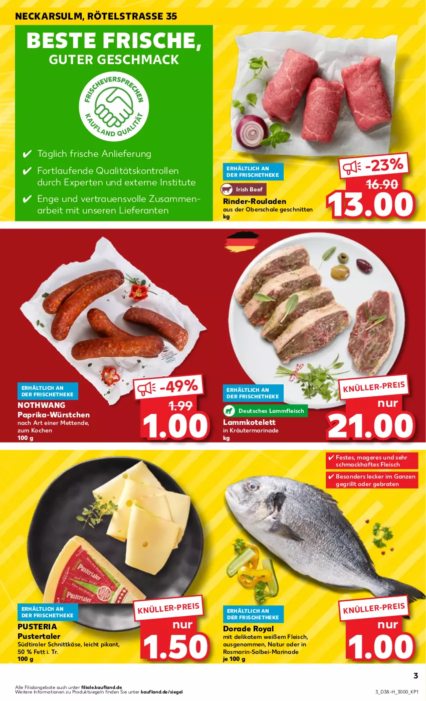 Aktueller Prospekt Kaufland - Extra-Angebote - von 21.09 bis 27.09.2023 - strona 3 - produkty: angebot, angebote, beef, braten, Dorade, dorade royal, eis, fleisch, grill, Käse, kotelett, kräuter, lamm, Lammfleisch, lammkotelett, Laufen, mac, marinade, Mett, metten, natur, paprika, Ria, rind, rinder, rinder-rouladen, rosmarin, rouladen, Schal, Schale, schnitten, schnittkäse, südtiroler, Ti, würstchen