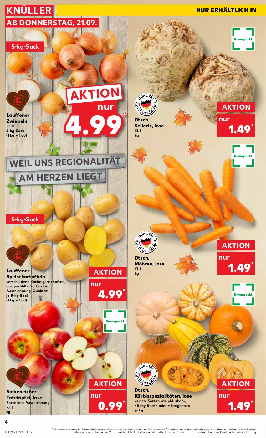 Aktueller Prospekt Kaufland - Extra-Angebote - von 21.09 bis 27.09.2023 - strona 4 - produkty: angebot, eis, elle, kartoffel, kartoffeln, Kürbis, möhren, sac, spaghetti, speisekartoffeln, Spezi, tafeläpfel, Ti, ZTE, zwiebel, zwiebeln