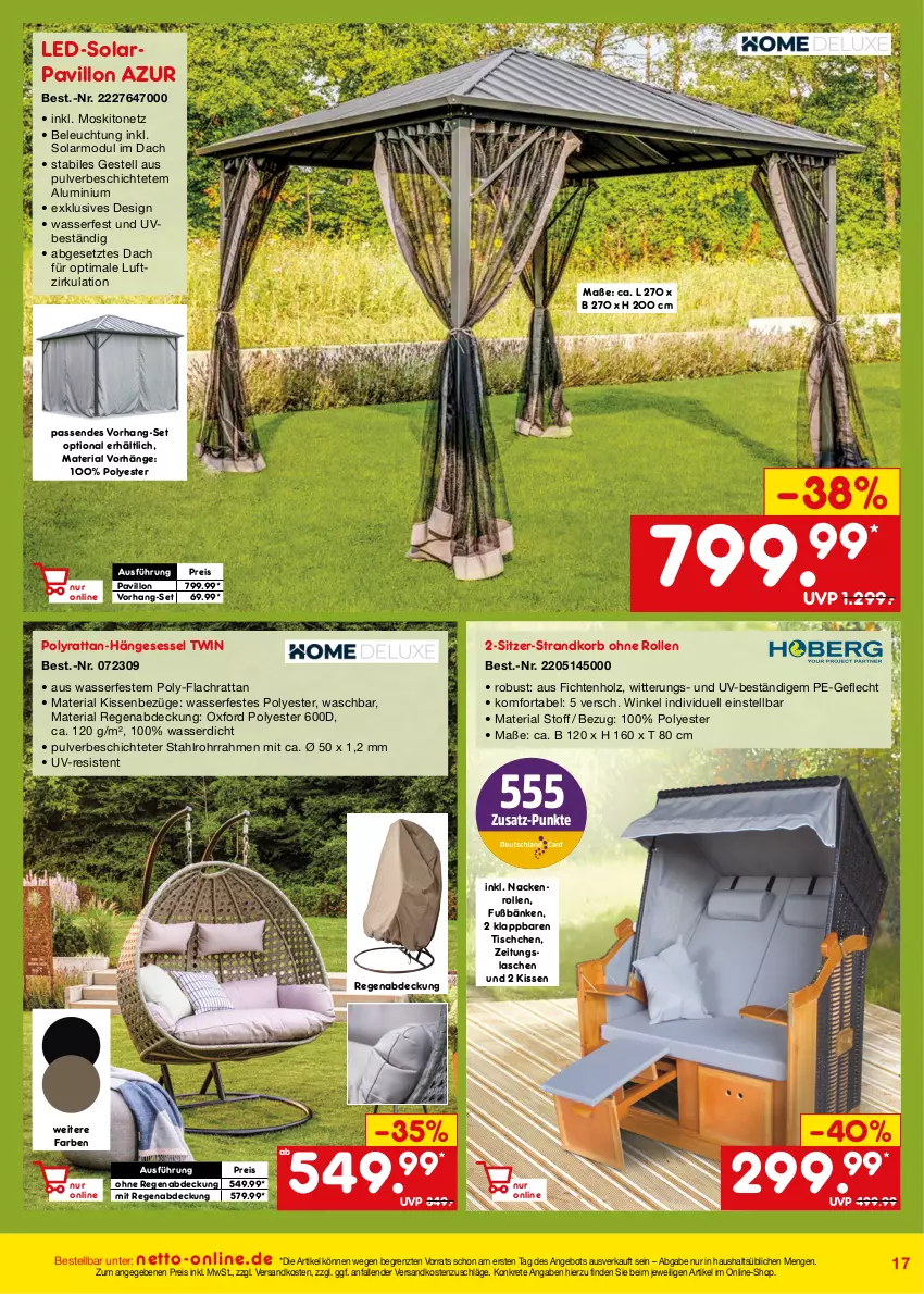 Aktueller Prospekt Netto Marken-Discount - Online-Angebote Juli - von 01.07 bis 31.07.2023 - strona 17 - produkty: angebot, eis, hängesessel, Holz, kissen, korb, moskitonetz, ndk, pavillon, reis, Ria, sessel, strandkorb, Ti, tisch, wasser, ZTE