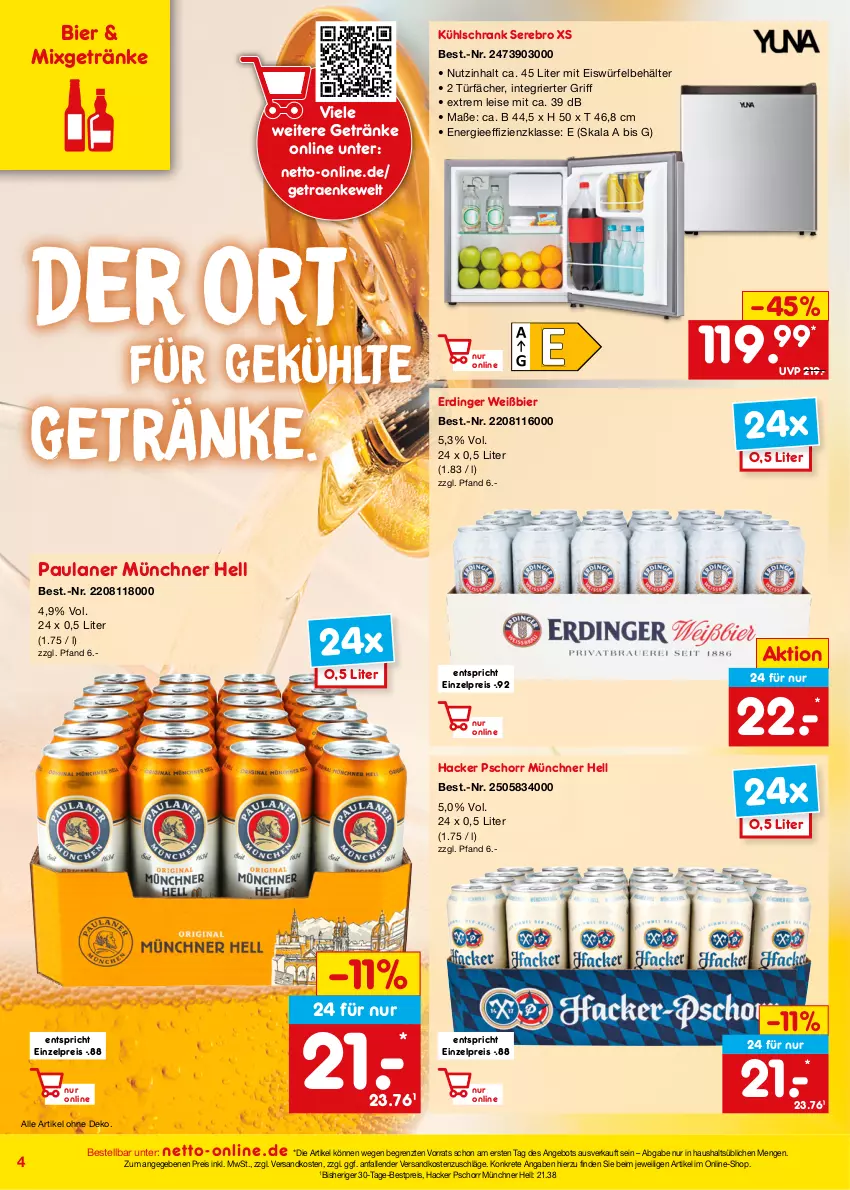 Aktueller Prospekt Netto Marken-Discount - Online-Angebote Juli - von 01.07 bis 31.07.2023 - strona 4 - produkty: angebot, Behälter, bestpreis, bier, eis, eiswürfel, erdinger, getränk, getränke, hacker pschorr, kühlschrank, Mixgetränk, ndk, Paula, paulaner, reis, Schrank, Ti, würfel, ZTE