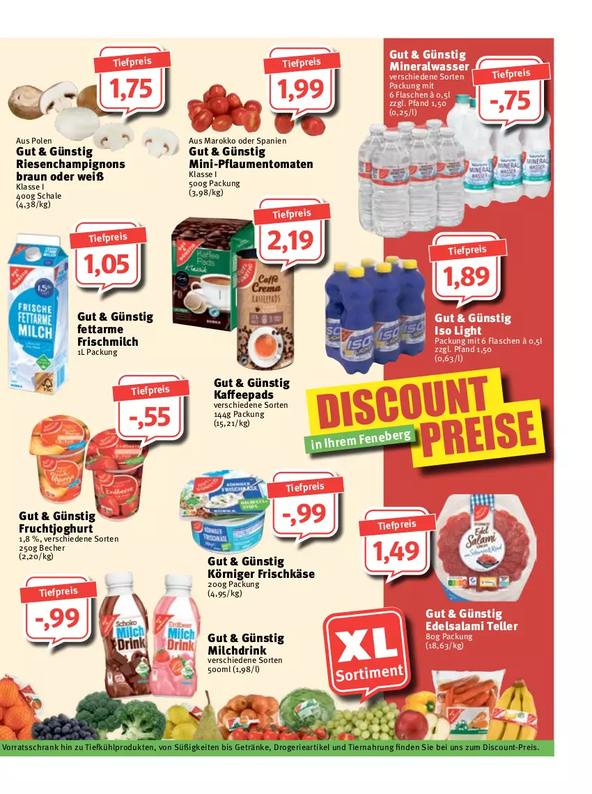 Aktueller Prospekt Feneberg - Prospekte - von 16.02 bis 18.02.2023 - strona 9 - produkty: Alwa, Becher, braun, champignon, champignons, champignons braun, discount, drink, Edelsalami, eis, elle, flasche, frischkäse, frucht, fruchtjoghurt, getränk, getränke, joghur, joghurt, kaffee, kaffeepads, Käse, Körniger Frischkäse, milch, mineralwasser, pflaume, pflaumen, reis, salami, Schal, Schale, Schrank, teller, Ti, tiefpreis, tiernahrung, tomate, tomaten, vorratsschrank, wasser