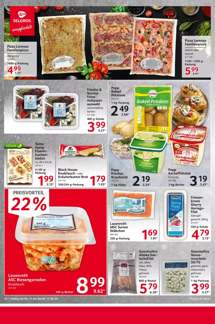 Aktueller Prospekt Selgros - Food - von 11.04 bis 17.04.2024 - strona 14 - produkty: antipasti, asti, baked potatoes, Becher, beutel, brot, butter, eimer, eis, filet, gurke, hering, Herings, kartoffel, kartoffeln, kartoffelsalat, knoblauch, Kraut, kräuter, kräuterbutter, krautsalat, krone, lachs, lachsfilet, lorenz, Muscheln, pizza, Popp, potatoes, preisvorteil, reis, ring, salami, salat, Schal, Schale, Spezi, Ti, venus