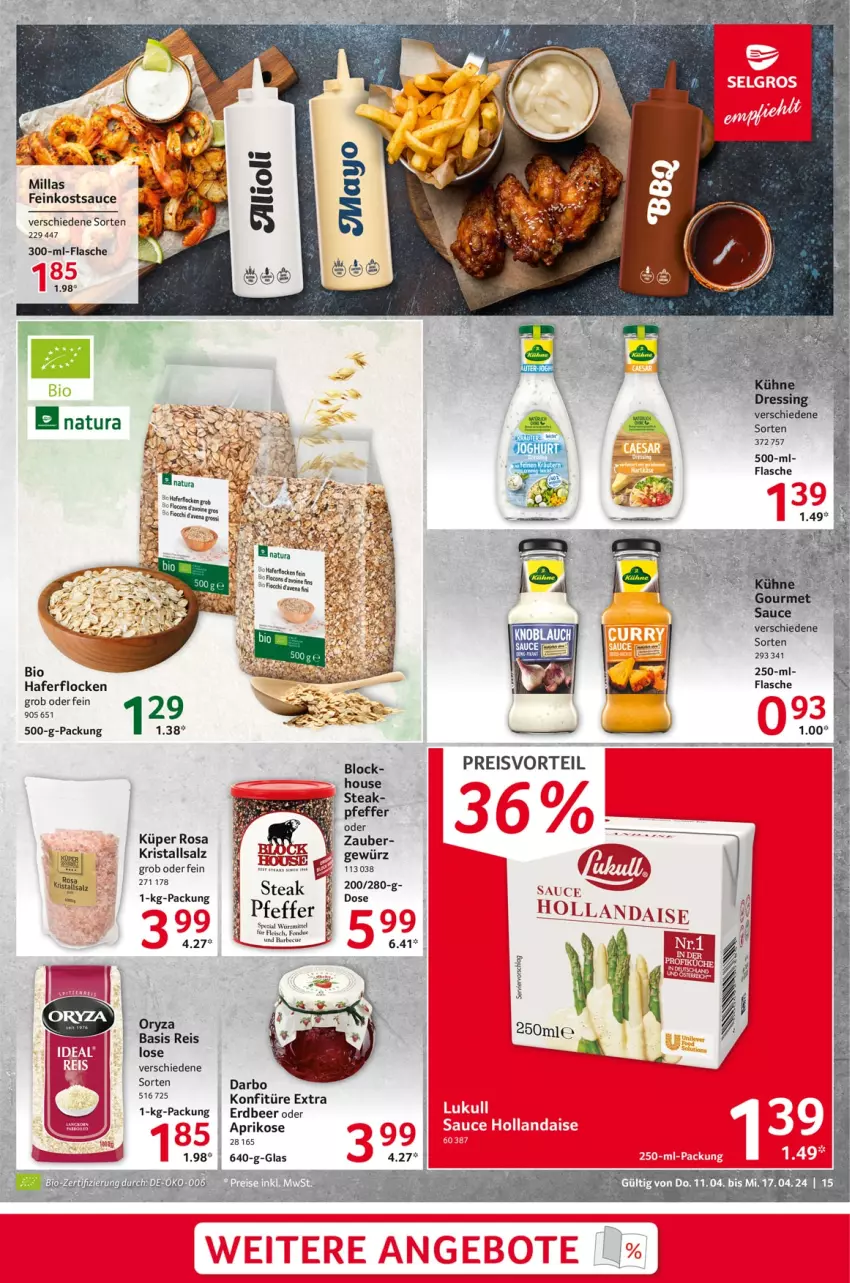 Aktueller Prospekt Selgros - Food - von 11.04 bis 17.04.2024 - strona 15 - produkty: aprikose, darbo, eis, feinkost, flasche, fleisch, Fondue, gewürz, hafer, haferflocken, konfitüre, konfitüre extra, Kristallsalz, Manner, oryza, pfeffer, reis, salz, sauce, Spezi, steak, Ti