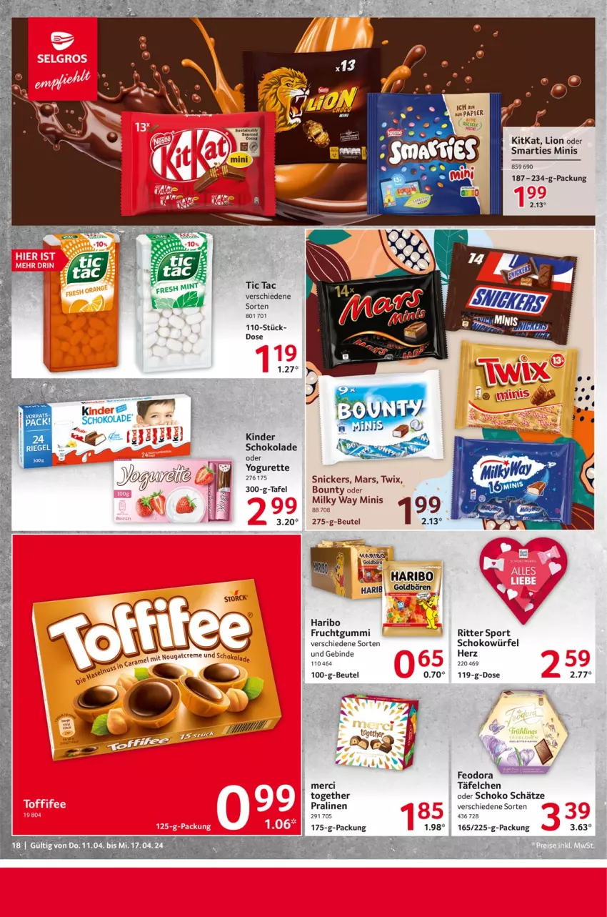 Aktueller Prospekt Selgros - Food - von 11.04 bis 17.04.2024 - strona 18 - produkty: beutel, bounty, creme, frucht, fruchtgummi, goldbären, haribo, Kinder, kinder schokolade, kitkat, lion, mars, merci, milky way, Nougatcreme, oder yogurette, papier, pralinen, ritter, ritter sport, schoko, schokolade, schokowürfel, smarties, snickers, Sport, Ti, twix, würfel, Yo, yogurette