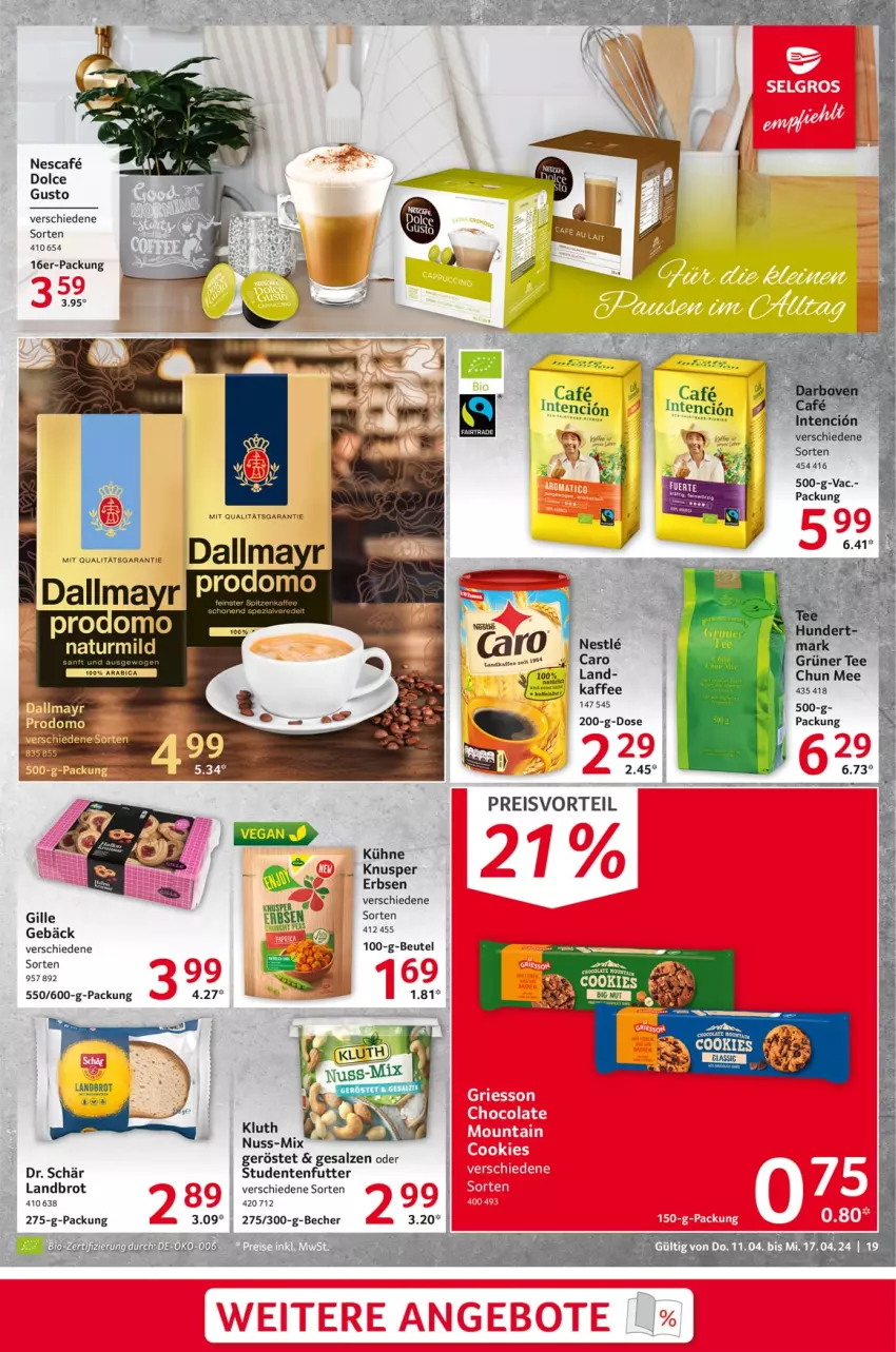 Aktueller Prospekt Selgros - Food - von 11.04 bis 17.04.2024 - strona 19 - produkty: Becher, beutel, brot, cookie, cookies, dolce gusto, eis, ente, erbsen, grüner tee, kaffee, kiwi, Kühne, natur, nescafe, nuss, preisvorteil, reis, studentenfutter, tee, Ti