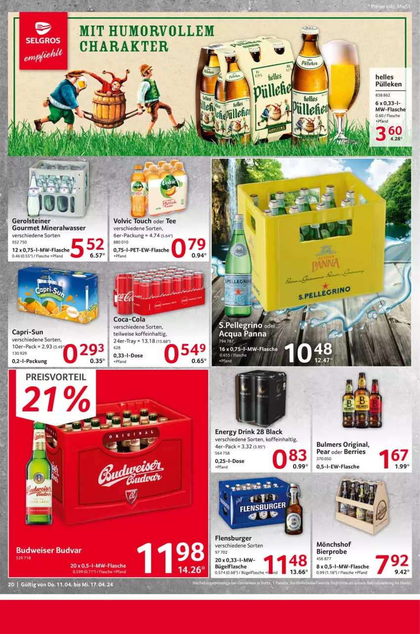 Aktueller Prospekt Selgros - Food - von 11.04 bis 17.04.2024 - strona 20 - produkty: Alwa, bier, bügel, bügelflasche, burger, Cap, capri-sun, coca-cola, cola, drink, eis, elle, energy drink, flasche, flensburger, gerolsteine, gerolsteiner, gin, lack, mineralwasser, mönchshof, mw-flasche, preisvorteil, reis, rel, steiner, tee, Ti, volvic, wasser