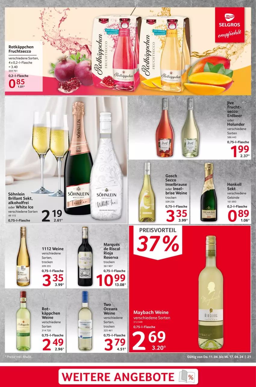 Aktueller Prospekt Selgros - Food - von 11.04 bis 17.04.2024 - strona 21 - produkty: alkohol, angebot, angebote, brause, brillant sekt, ecco, eis, flasche, frucht, fruchtsecco, LG, maybach, preisvorteil, reis, rioja, rotkäppchen, sekt, söhnlein, tee, wein, weine