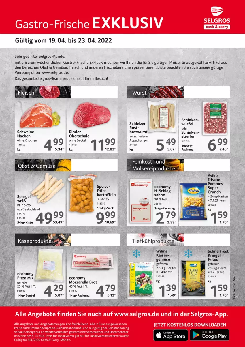 Aktueller Prospekt Selgros - Gastroangebote - von 19.04 bis 23.04.2022 - strona 1 - produkty: beutel, bratwurst, brot, decke, Deckel, eier, eis, fleisch, google play, Kaiser, kartoffel, kartoffeln, LG, molkereiprodukte, obst, pizza, pommes, reifen, reis, rind, rinder, ring, sahne, Schal, Schale, schinken, schlagsahne, schwein, schweine, spargel, tee, Ti, Tiere, wein, weine, würfel, wurst