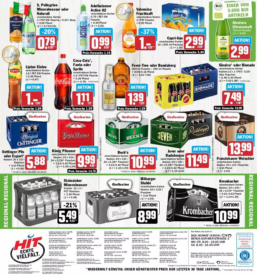 Aktueller Prospekt Hit - Prospekte - von 23.01 bis 28.01.2023 - strona 16 - produkty: adelholzener, Alwa, angebot, angebote, auer, Bad, Berger, bier, bio, bionade, bitburger, braun, Bundaberg, burger, Cap, capri-sun, coca-cola, cola, drucker, eimer, eis, eistee, elle, Engel, fanta, fanta oder, fanta oder sprite, fever-tree, fisch, flasche, franziskaner, frucht, fruchtsaft, glasflasche, Holz, jever, kerze, könig pilsener, krombache, krombacher, lipton, Lübecker, mineralwasser, natur, natura, oder sprite, oettinger, pils, pilsener, radeberger, Rauch, reis, saft, sinalco, sprite, Steinsieker, tee, Ti, uhr, valensina, wasser, weissbier, zitrone, zitronen, zitronensaft, ZTE