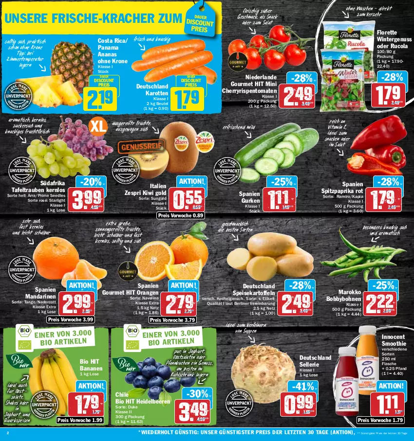 Aktueller Prospekt Hit - Prospekte - von 23.01 bis 28.01.2023 - strona 2 - produkty: ananas, auer, banane, bananen, beere, beeren, berliner, beutel, bio, bio hit, bohne, bohnen, cola, discount, eis, elle, flasche, fleisch, florette, frucht, früchte, fruchtfleisch, gurke, gurken, heidelbeere, heidelbeeren, Innocent, joghur, joghurt, karotten, kartoffel, kartoffeln, kiwi, Kiwi Gold, kracher, krone, kuchen, kühlschrank, mac, mandarine, mandarinen, navelina, nuss, obst, orange, orangen, paprika, paprika rot, Pfannkuchen, quark, reis, rispentomaten, rucola, saft, salat, salate, Schrank, shake, smoothie, snack, speisekartoffeln, Spitzpaprika, starlight, suppe, suppen, tafeltrauben, Ti, tisch, tomate, tomaten, trauben, vita, Vitamin C, zespri, ZTE, zucker