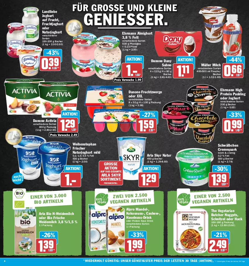 Aktueller Prospekt Hit - Prospekte - von 23.01 bis 28.01.2023 - strona 8 - produkty: activia, almighur, almighurt, alpro, arla, arla skyr, Becher, bio, Cashew, creme, danone, danone activia, danone fruchtzwerge, Dany, dany sahne, drink, ehrmann, ehrmann almighurt, eis, flasche, frucht, fruchtjoghurt, fruchtzwerge, haselnuss, joghur, joghurt, joghurt mild, kokos, kokosnuss, landliebe, landliebe joghurt, leine, mandel, milch, Müller, natur, naturjoghurt, nuggets, nuss, pudding, quark, reis, Ria, sahne, schnitzel, Skyr, soya, The Vegetarian Butcher, Ti, Vegeta, weidemilch, weihenstephan, ZTE